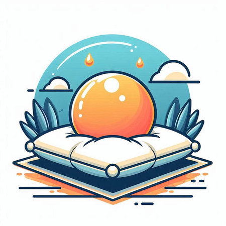 Vector illustration of a bed with pillow and sun in the sky.のイラスト素材