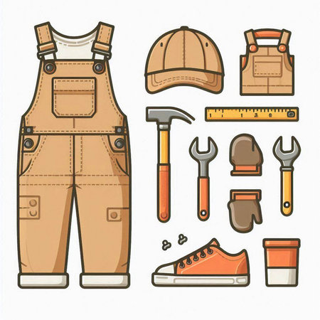 Construction tools and work clothes set. Vector illustration in line art style.のイラスト素材