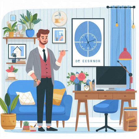Businessman in office flat vector illustration. Cartoon male character working on laptop at home. Freelance man working from home. Workplace and workplace. Businessman at home.のイラスト素材