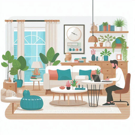 Interior of living room with furniture. Flat style vector illustration.のイラスト素材