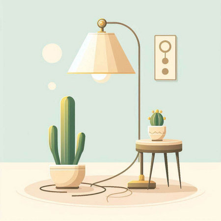 Interior living room with lamp and cactus. Vector illustration.のイラスト素材