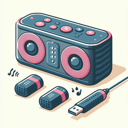 Retro audio cassette player with headphones and cables. Vector illustration.のイラスト素材