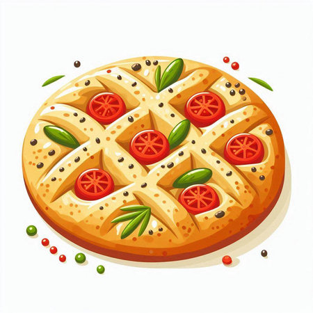 Pizza with tomatoes, olives and herbs. Vector illustration.のイラスト素材