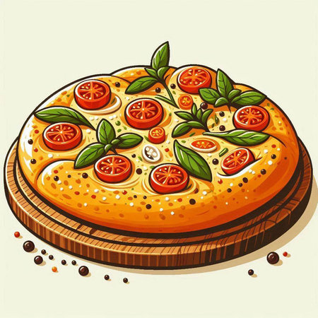 Illustration of a pizza with tomatoes, mozzarella and basilのイラスト素材