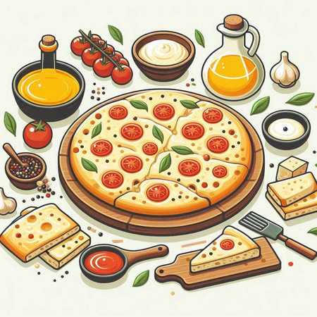 Pizza with cheese, tomato, olive oil and sauce. Vector illustrationのイラスト素材