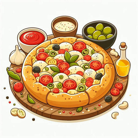 Pizza with olives, mozzarella and tomato on wooden boardのイラスト素材
