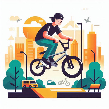 Cyclist riding bicycle in the city, flat vector illustration.のイラスト素材