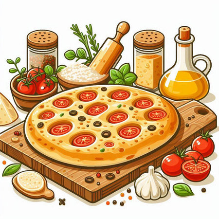 Illustration of a pizza on a wooden board with ingredients for cookingのイラスト素材