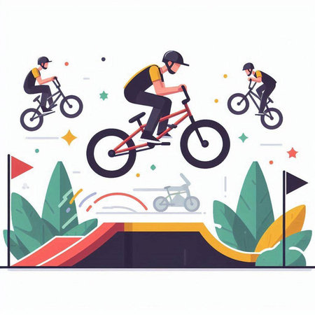 Bmx rider in the park. Vector illustration in flat style.のイラスト素材