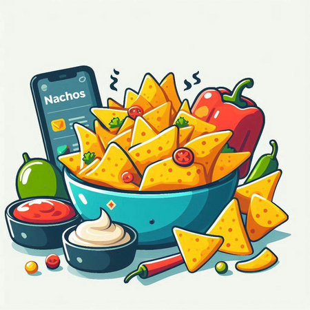 Nachos with salsa, guacamole, cheese and chilli. Vector illustration.のイラスト素材