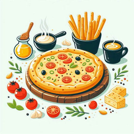 Pizza with cheese, tomato, olives and sauce. Vector illustrationのイラスト素材