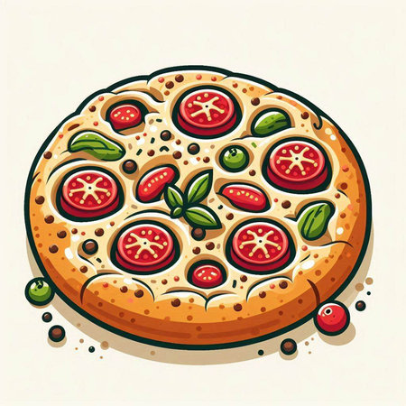 Pizza with tomato, mozzarella and basil. Vector illustration.のイラスト素材
