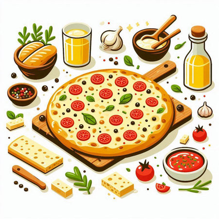 Illustration of pizza with ingredients on a white background - vector illustrationのイラスト素材