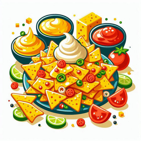 Mexican nachos with salsa, guacamole, cheese and sour creamのイラスト素材
