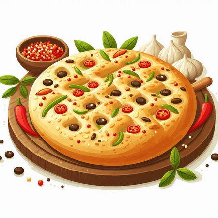 Illustration of a pizza with olives and pepper on a white backgroundのイラスト素材