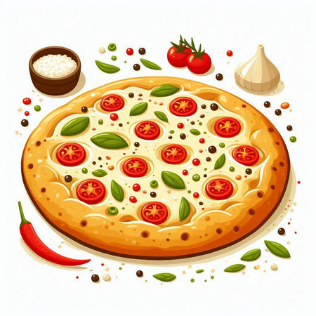 Illustration of pizza with tomato, pepper and basil on white backgroundのイラスト素材
