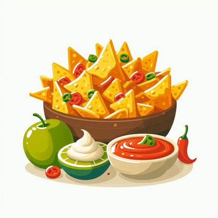 Nachos with salsa and guacamole. Vector illustration.のイラスト素材