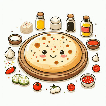 Illustration of pizza and ingredients on white background, vector illustration.のイラスト素材