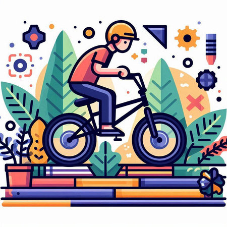 Cyclist riding a bicycle in the park. Flat vector illustration.のイラスト素材