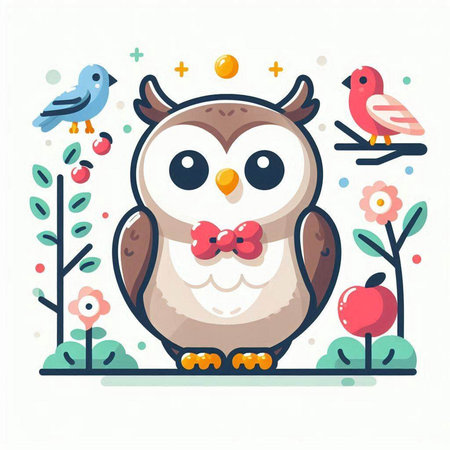 Cute owl with flowers and birds. Vector illustration in flat style.のイラスト素材