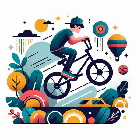 Cyclist riding bicycle in the park. Flat vector illustration.のイラスト素材