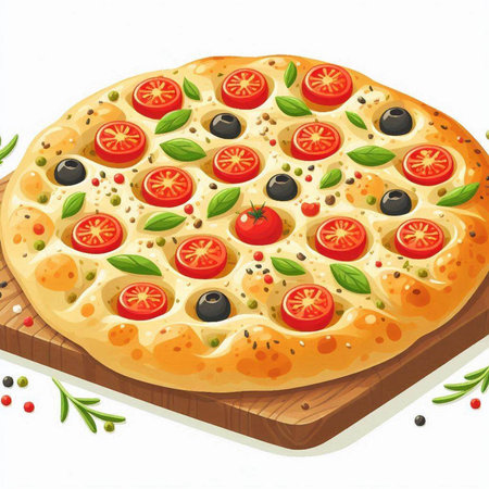 Illustration of a pizza with tomatoes and olives on a wooden boardのイラスト素材