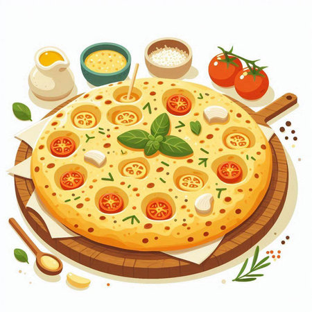 Pizza with tomatoes, mozzarella and basil. Vector illustrationのイラスト素材