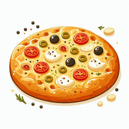 Pizza with mozzarella cheese, olives and tomatoes. Vector illustrationのイラスト素材