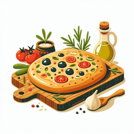 Illustration of pizza with olives, tomato and rosemary on wooden boardのイラスト素材