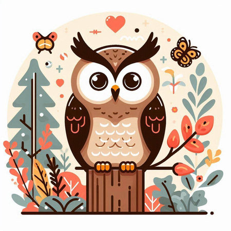 Cute owl sitting on a tree branch in the forest. Vector illustration.のイラスト素材