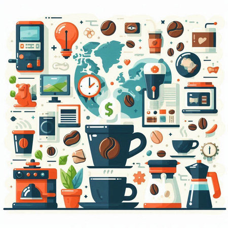 Coffee shop and cafe icons. Vector illustration in flat styleのイラスト素材