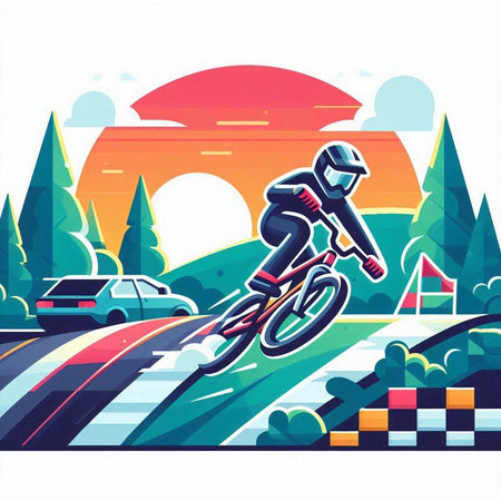 Cyclist riding on the road. Vector illustration in flat styleのイラスト素材