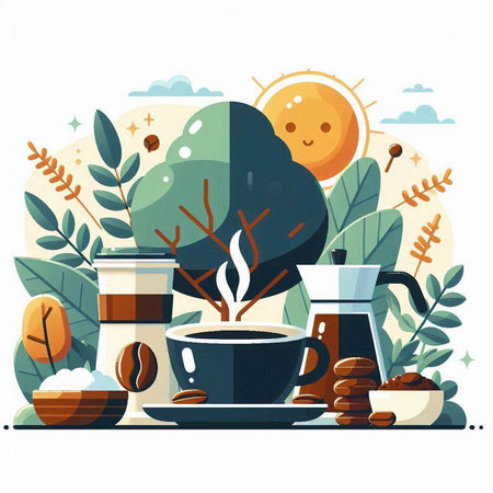 Coffee time flat vector illustration. Morning coffee, hot drink, roasted coffee beans, sun, trees, sun, clouds.のイラスト素材