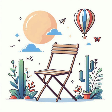 Hand drawn vector illustration of a deck chair with a hot air balloon in the background.のイラスト素材