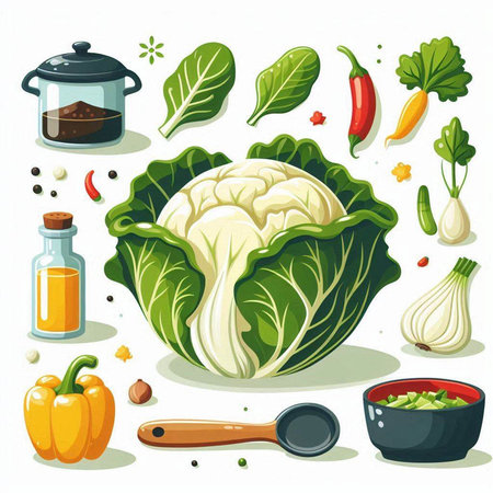 Cabbage, paprika, garlic, parsley, pepper, olive oil, salt, pepper, tomato, garlic. Vector illustration.のイラスト素材