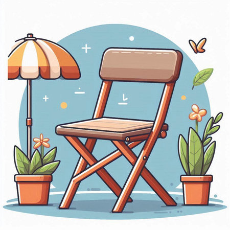 Wooden chair with umbrella and flower in pot. Vector illustration.のイラスト素材