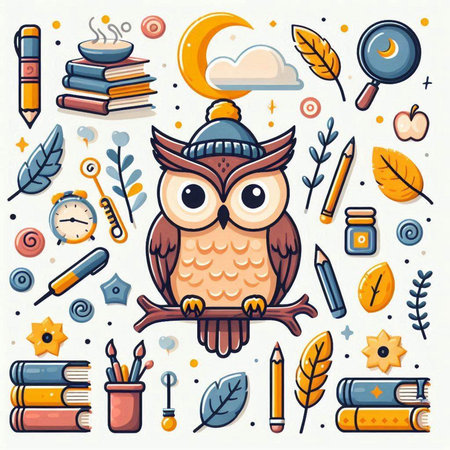 Cute owl, books, pencils and other school supplies. Vector illustration.のイラスト素材
