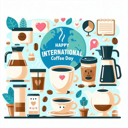 Happy International Coffee Day greeting card. Vector flat design illustration with coffee shop elements.のイラスト素材