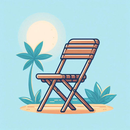 Deck chair on the beach with palm trees. Vector illustration.のイラスト素材