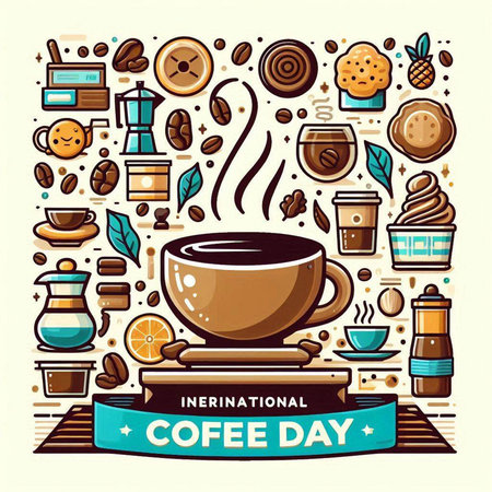 Coffee day poster with cup of coffee and coffee beans. Vector illustrationのイラスト素材