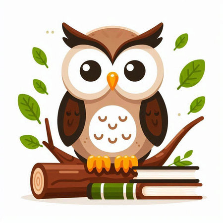 Owl sitting on a branch with books. Vector illustration in cartoon style.のイラスト素材