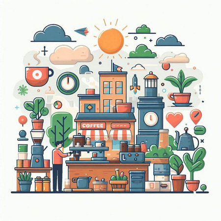 Coffee shop and coffee house concept. Vector illustration in thin line style.のイラスト素材