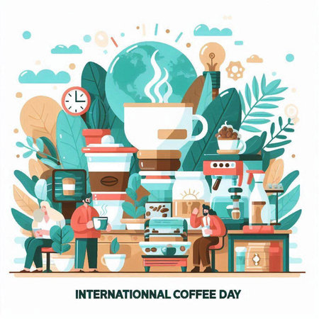 International Coffee Day banner. Flat vector illustration of coffee shop and cafe.のイラスト素材