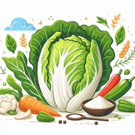 Vegetables vector illustration. Cabbage, chinese cabbage, carrot, pepper, onion, garlic, parsley.のイラスト素材