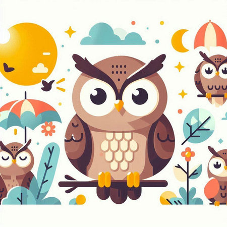 Cute cartoon owls on a background of nature. Vector illustration.のイラスト素材
