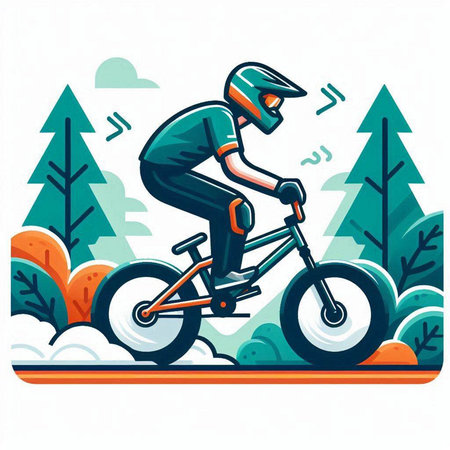 Vector illustration of a cyclist riding a bicycle in the forest. Mountain biking.のイラスト素材