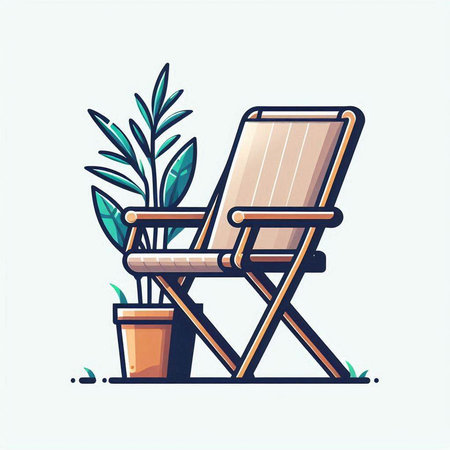 Wooden deck chair with flowerpot. Vector illustration in flat styleのイラスト素材