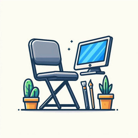 Office chair and computer. Workplace concept. Modern thin line vector illustration.のイラスト素材