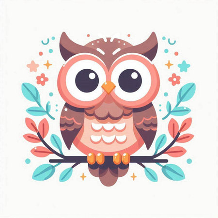 Cute cartoon owl with floral wreath on white background. Vector illustration.のイラスト素材