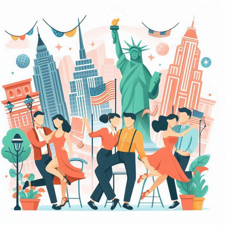 New York, United States of America. People with USA flag and Statue of Liberty. Vector illustrationのイラスト素材